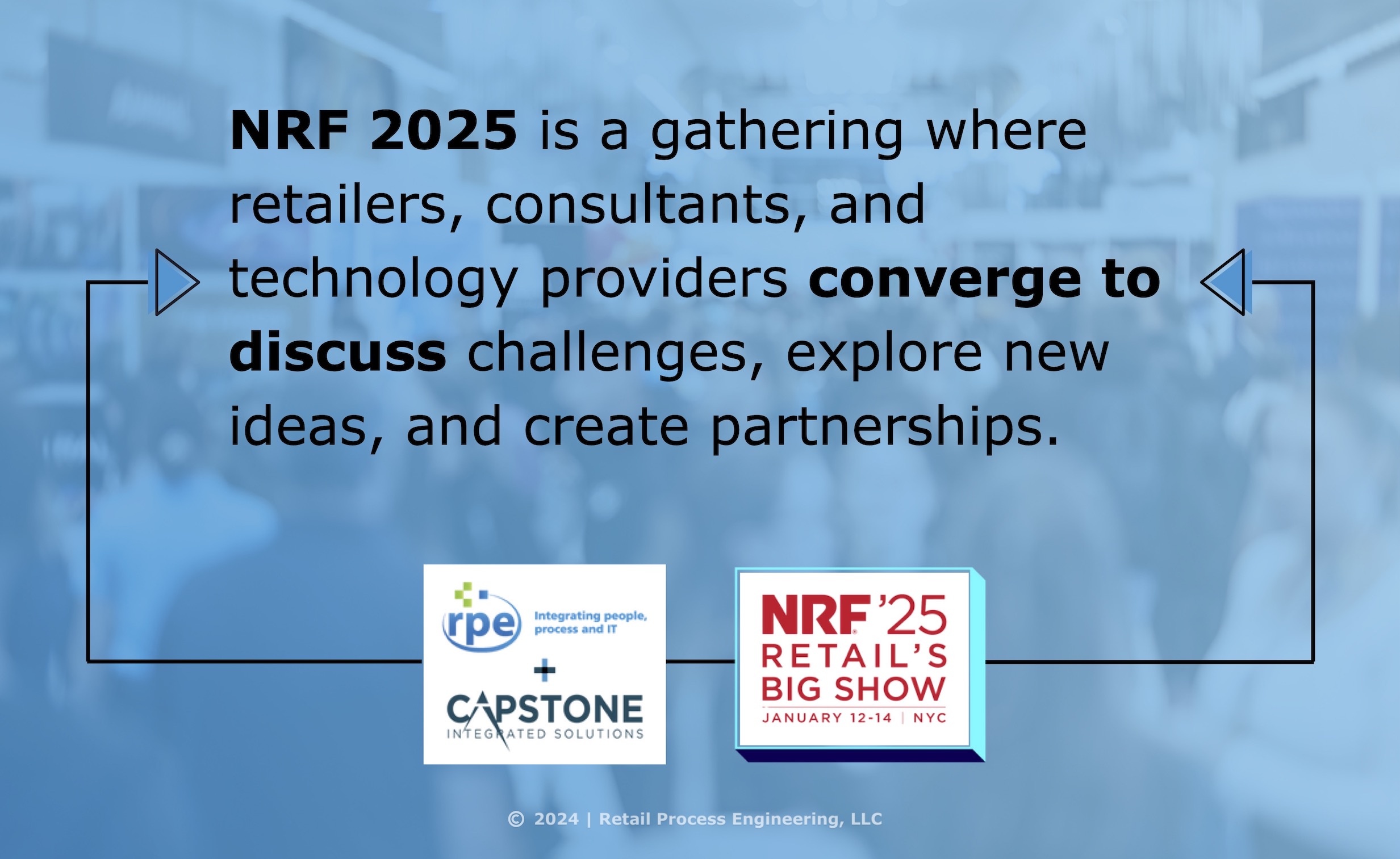 Abstract blurred people at exhibition hall of expo event trade and text about NRF 2025