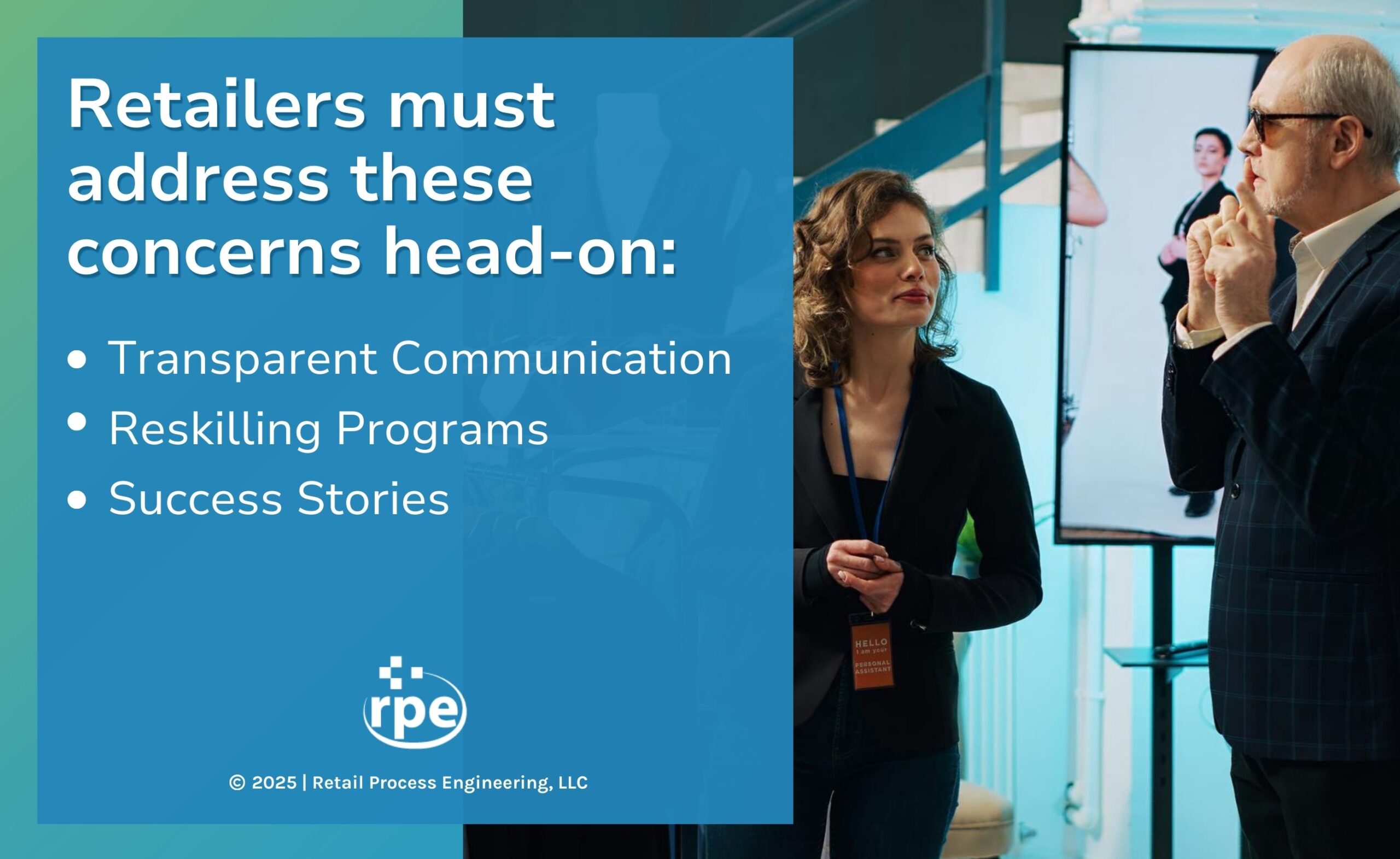 A fashion store setting, with a woman in a black jacket conversing with a man in a suit.